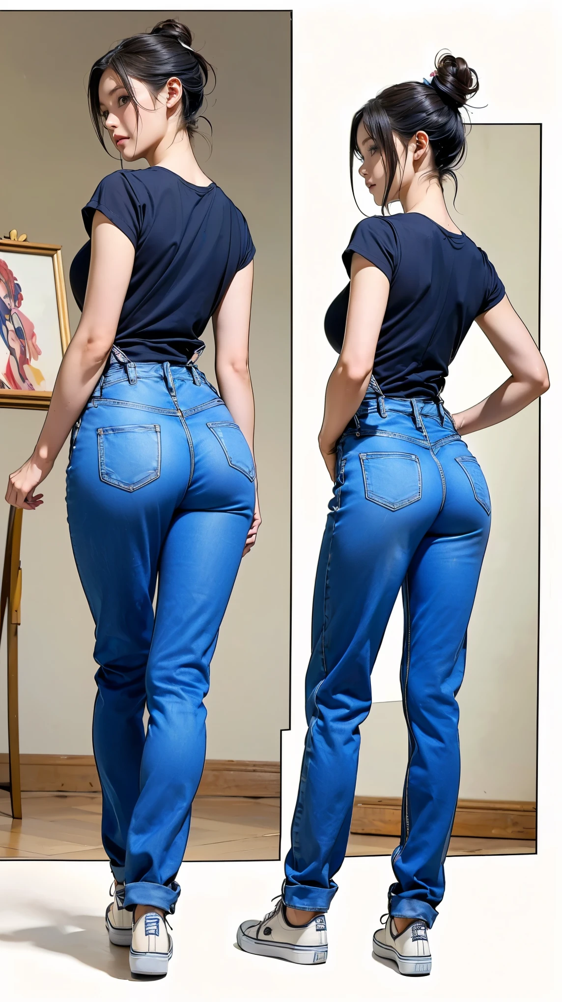 ((masterpiece)),(((Highest quality))),((Reference Sheet, Character Design, front, return, ~ ~ ~ side, Mr...々Hairstyle, Mr...々performance, Facial Expressions)), 14-year-old girl, Cute type,  (Very slim:1.4),  (Very small ass:1.4), Realistic buttocks, Big Breasts, Short Bob, Thin thighs, Long legs, It's not a big deal, ((Beautiful artist in jeans overalls、After painting on a large canvas、Relax in the art studio。, sneakers,  19th century Parisian artists, Messy hair bun)), ((Browsing Caution:1.0))