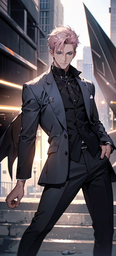 (best quality,4K,8K,high resolution,masterpiece:1.2),Extremely detailed,(Practical,photoPractical,photo-Practical:1.37),1 man,31 years old,Mature man,very handsome,No Expression,Smile,Gray pink short hair,blue eyes,Sharp eyes,Perfect face,No flaws,momentum,merchant,Office Background,light,HDR images,full-body shot,Bright picture