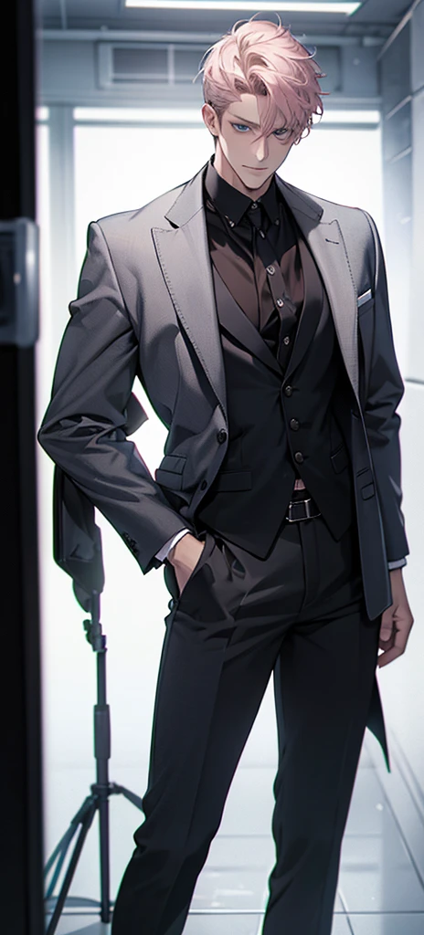 (best quality,4K,8K,high resolution,masterpiece:1.2),Extremely detailed,(Practical,photoPractical,photo-Practical:1.37),1 man,31 years old,Mature man,very handsome,No Expression,Smile,Gray pink short hair,blue eyes,Sharp eyes,Perfect face,No flaws,momentum,merchant,Office Background,light,HDR images,full-body shot,Bright picture