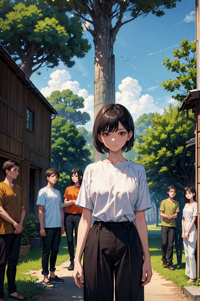 An image of each neighbor, one with a stern face, short black hair, wearing plain farming clothes (a loose shirt and pants), and the other with a worried expression, short brown hair, in similar attire, standing next to the large tree and claiming ownership of its abundant fruit. (masterpiece, hd, best quality, 2d)