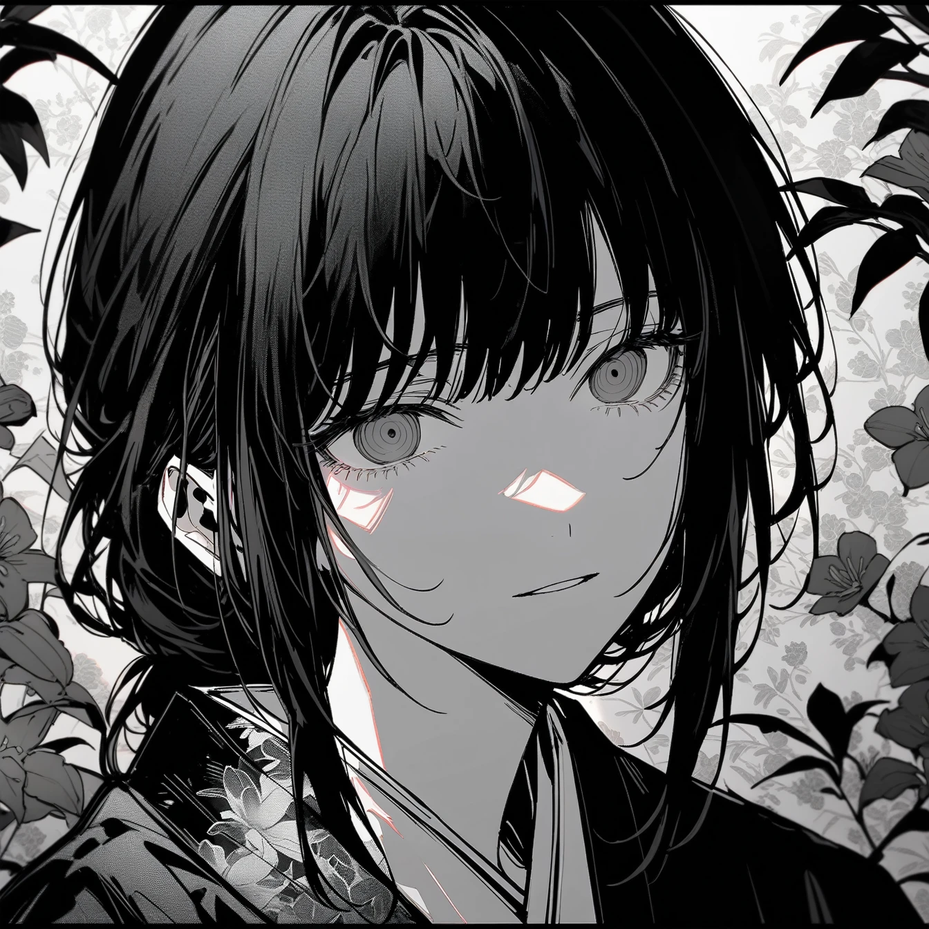 Beautiful anime portrait,Black and gray monochrome,Oriental Wallpaper,Pink,Feeling,very anime style,1girl, makima \(chainsaw man\), chainsaw man,Flowers,Close-up,Soft Light,Rich in details,The expression is firm,Kimono decoration,Background blur,Vivid colors,情Feeling深沉,front,Black eyes