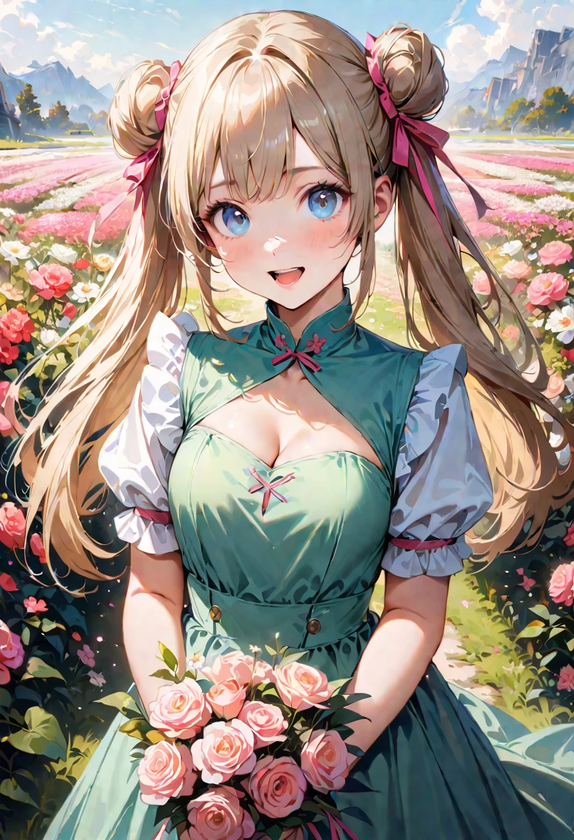 20 years old,1 girl,hyperrealistic, 8k, (extremely detailed 8k), (very delicate and beautiful), (masterpiece), (better quality:1.0), (ultra high resolution:1.0), (masterpiece, best quality), cute,blonde,cleavage cutout,(broen dress:1.3),(crop top navel:1),gleaming skin,twintails,twin bun,a pink ribbon on the head,long hair,pastel green frill Chinese-made dress,white long gloves,hold a bouquet of flowers,face and body straight at the camera,a bunch of flowers,POV,bust shot,white frill,puffy sleeves,surrounded by flowers,laugh with open mouth,tareme,sky blue eyes