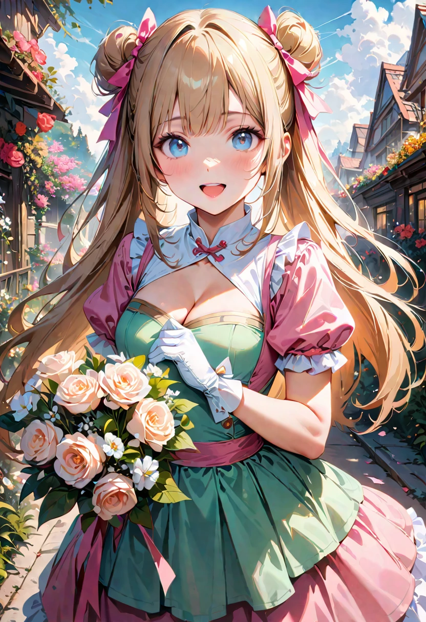 20 years old,1 girl,hyperrealistic, 8k, (extremely detailed 8k), (very delicate and beautiful), (masterpiece), (better quality:1.0), (ultra high resolution:1.0), (masterpiece, best quality), cute,blonde,cleavage cutout,(broen dress:1.3),(crop top navel:1),gleaming skin,twintails,twin bun,a pink ribbon on the head,long hair,pastel green frill Chinese-made dress,white long gloves,hold a bouquet of flowers,face and body straight at the camera,a bunch of flowers,POV,bust shot,white frill,puffy sleeves,surrounded by flowers,laugh with open mouth,tareme,sky blue eyes