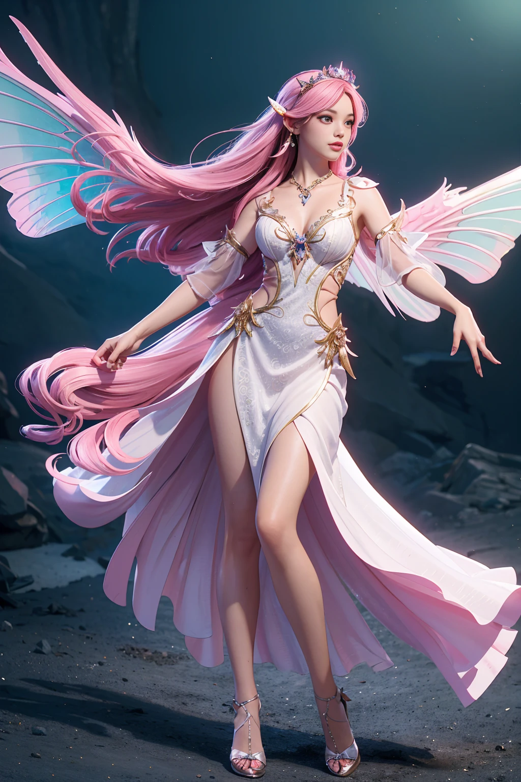 best quality, (RAW photo:1.2), (masterpiece:1.4), (photorealistic:1.4), (highres:1.4), depth of field, flight attendant, intricately detailed, 8k, extremely detailed, perfect lighting, epic background, solo, super fine photo, ((full body digital art)) Unreal Engine 5 8K UHD of a girl, concept art, character concept design, wearing white long dress with metallic details, butterfly wings, pink long hair, ((fairy girl)), pixie, best quality, masterpiece, super detailed, sharp focus, female pose