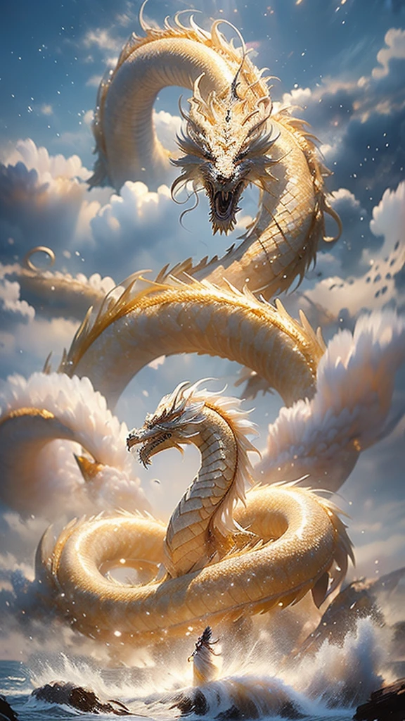 logo、masterpiece、(white background:1)、golden chinese dragon surrounded by white clouds、1 unit、Wind、god、long wavy body、tooth、Upper body、fantasy、high quality、very detailed、masterpiece、particle effects、dynamic effects