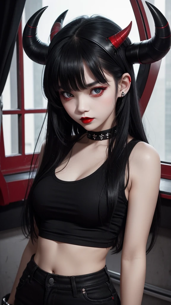 A girl wearing black tanktop, devil horn on her head, red pupil, red lips, black hair with partially white
