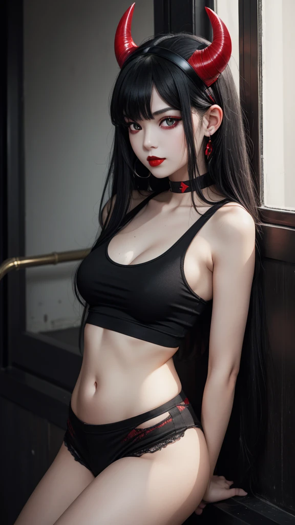 A girl wearing black tanktop, devil horn on her head, red pupil, red lips, black hair with partially white