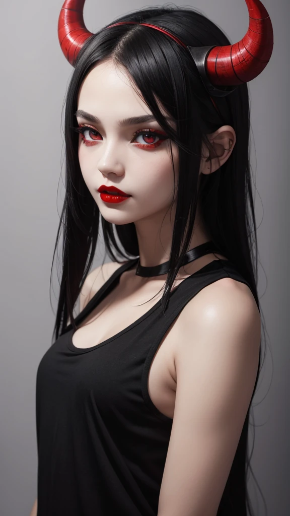 A girl wearing black tanktop, devil horn on her head, red pupil, red lips, black hair with partially white