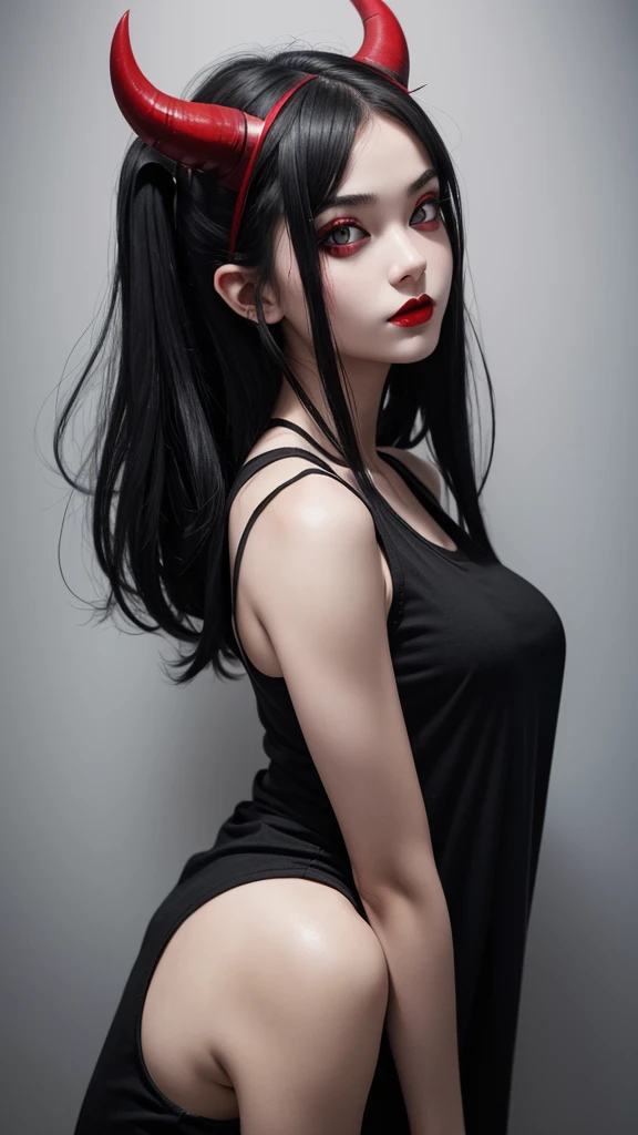 A girl wearing black tanktop, devil horn on her head, red pupil, red lips, black hair with partially white