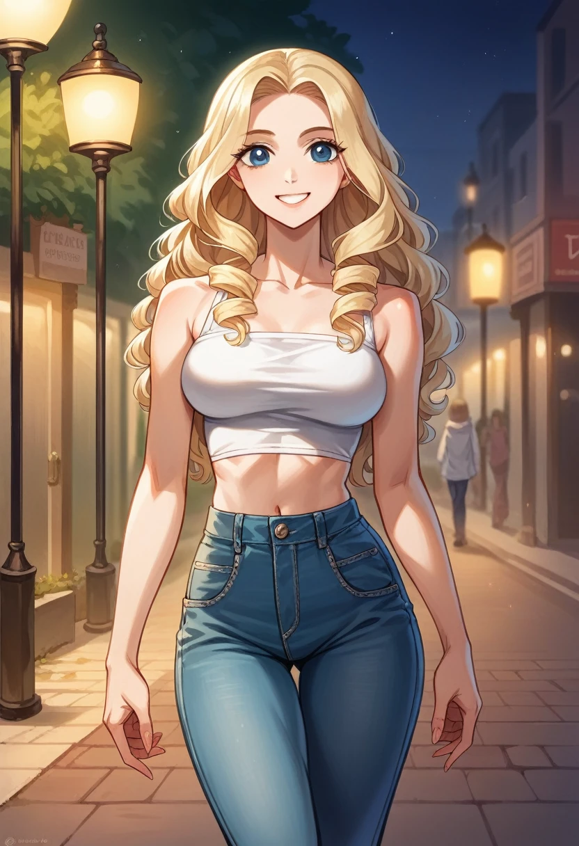 photorrealistic, best qualityer, hyper detailled, natural amateur photo, 8K, action photo, beautiful slim 18 year old girl, skinny girl, Make-up natural, very light blonde hair, wavy and loose curls, light blonde hair, wearing jeans and a crop top, fully ful dressed, ful dressed, ful dressed, very elegant and sexy, fully ful dressed, breasts under clothes, big beautiful smile, in street, posando, at night, street lamp light, Dappled Light, (focused), perky breasts under clothes, texture skin , ultra high resolution, best shade, cru, instagram LUT