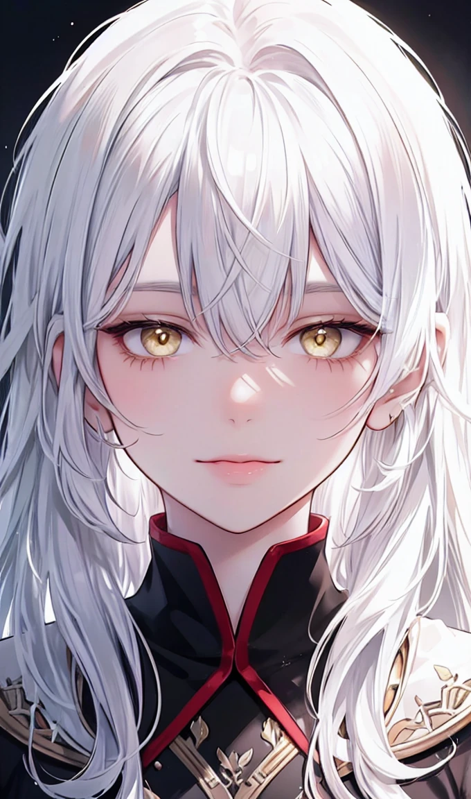 1girl, portrait, solo,lips, female focus, yellow eyes, looking at viewer, white hair, long hair, closed mouth, smile