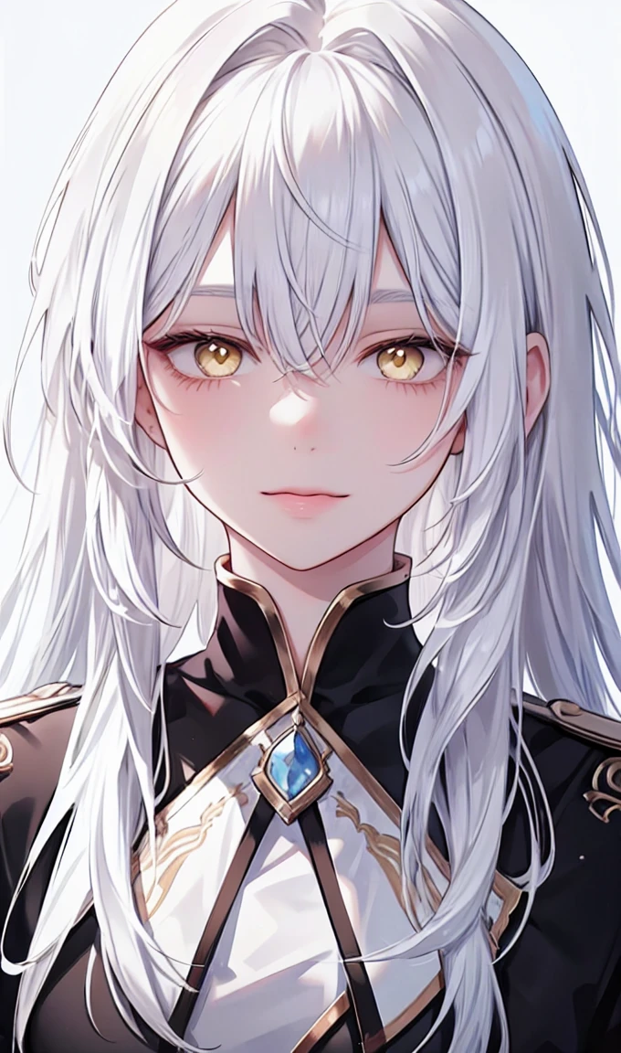1girl, portrait, solo,lips, female focus, yellow eyes, looking at viewer, white hair, long hair, closed mouth, smile