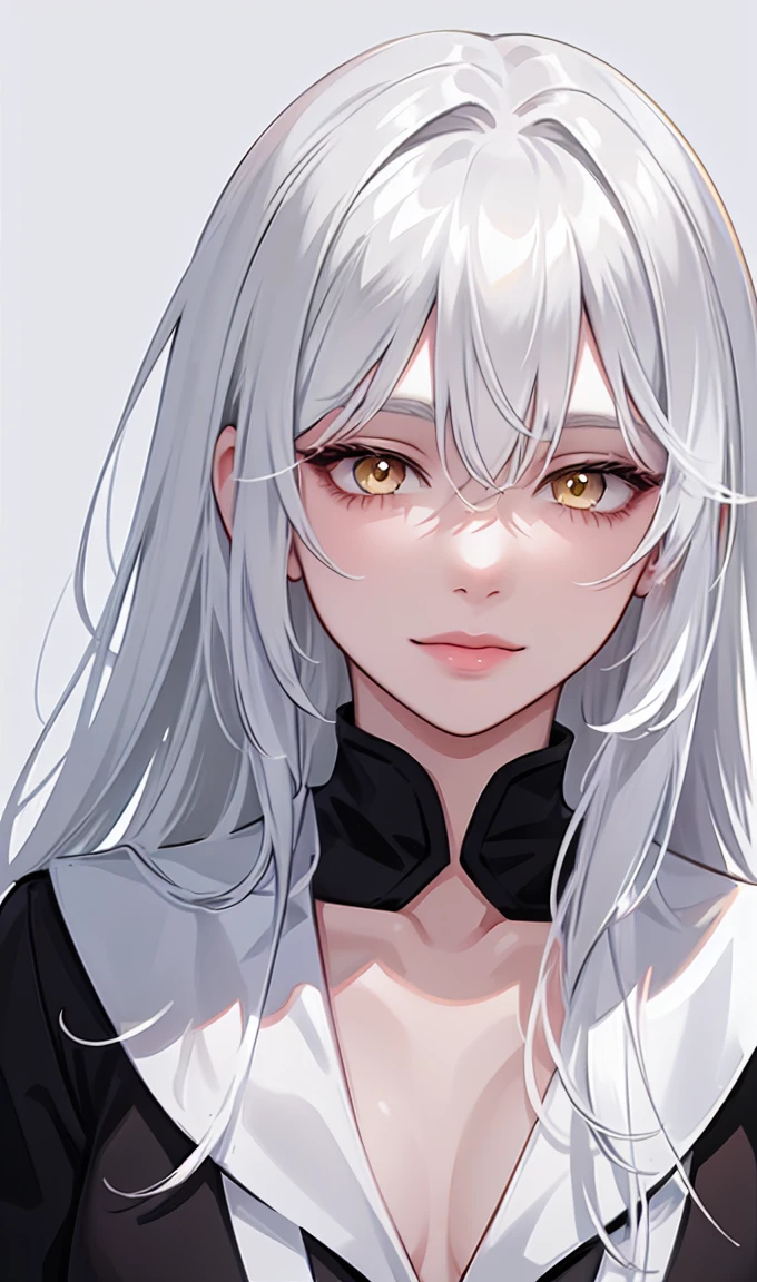 1girl, portrait, solo,lips, female focus, yellow eyes, looking at viewer, white hair, long hair, closed mouth, smile