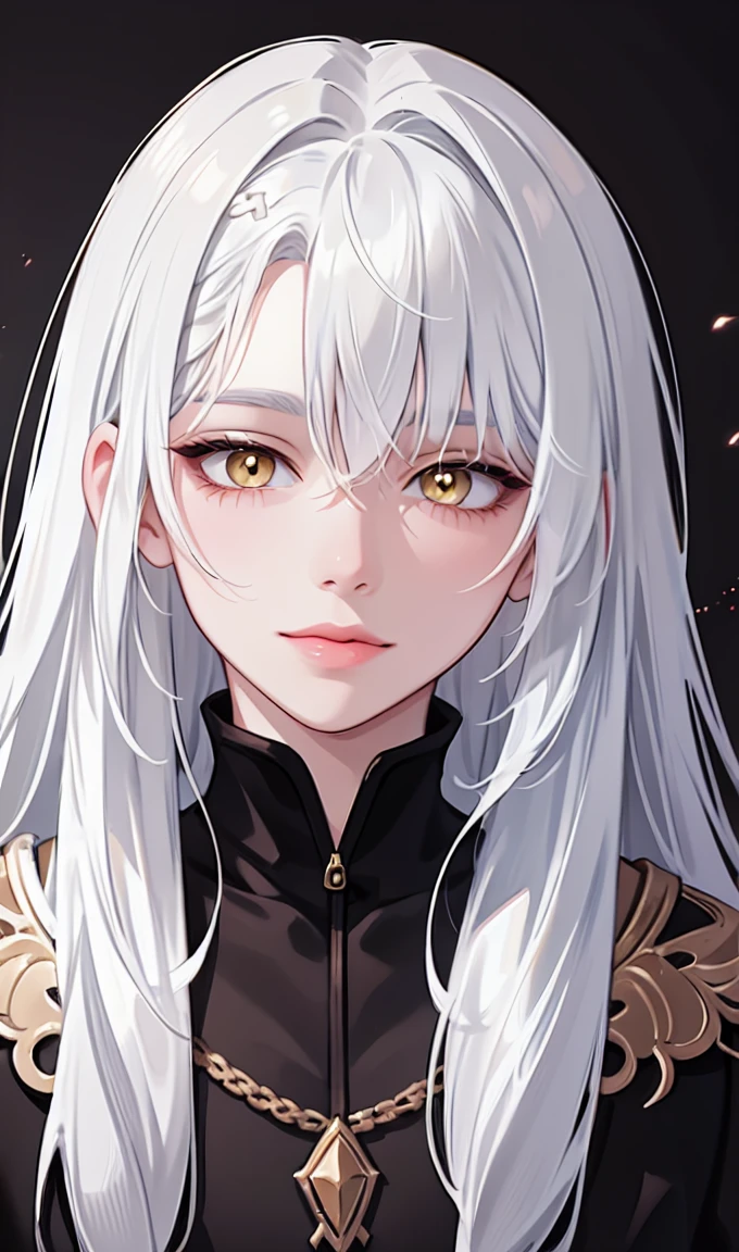 1girl, portrait, solo,lips, female focus, yellow eyes, looking at viewer, white hair, long hair, closed mouth, smile