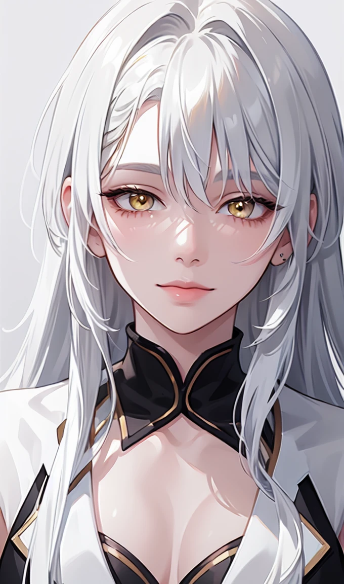 1girl, portrait, solo,lips, female focus, yellow eyes, looking at viewer, white hair, long hair, closed mouth, smile