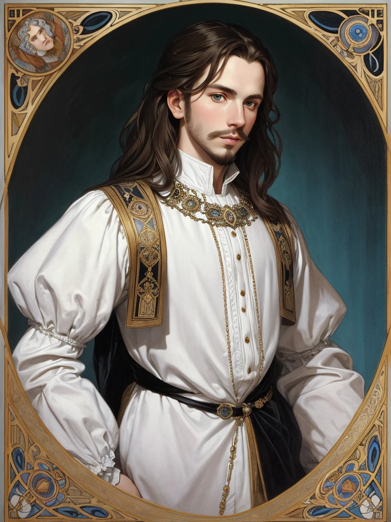 Portrait of Christopher Marlowe, white skin, piercing blue eyes, silky golden-brown hair, refined features, charp jawline, clean shaved, black Elizabethan velvet jerkin, white laced shirt, Mucha style, Mucha background, realism, high quality