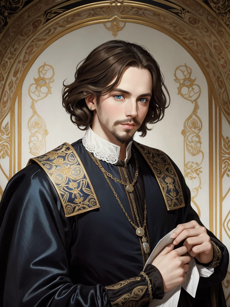 Portrait of Christopher Marlowe, white skin, piercing blue eyes, silky golden-brown hair, refined features, charp jawline, clean shaved, black Elizabethan velvet jerkin, white laced shirt, Mucha style, Mucha background, realism, high quality