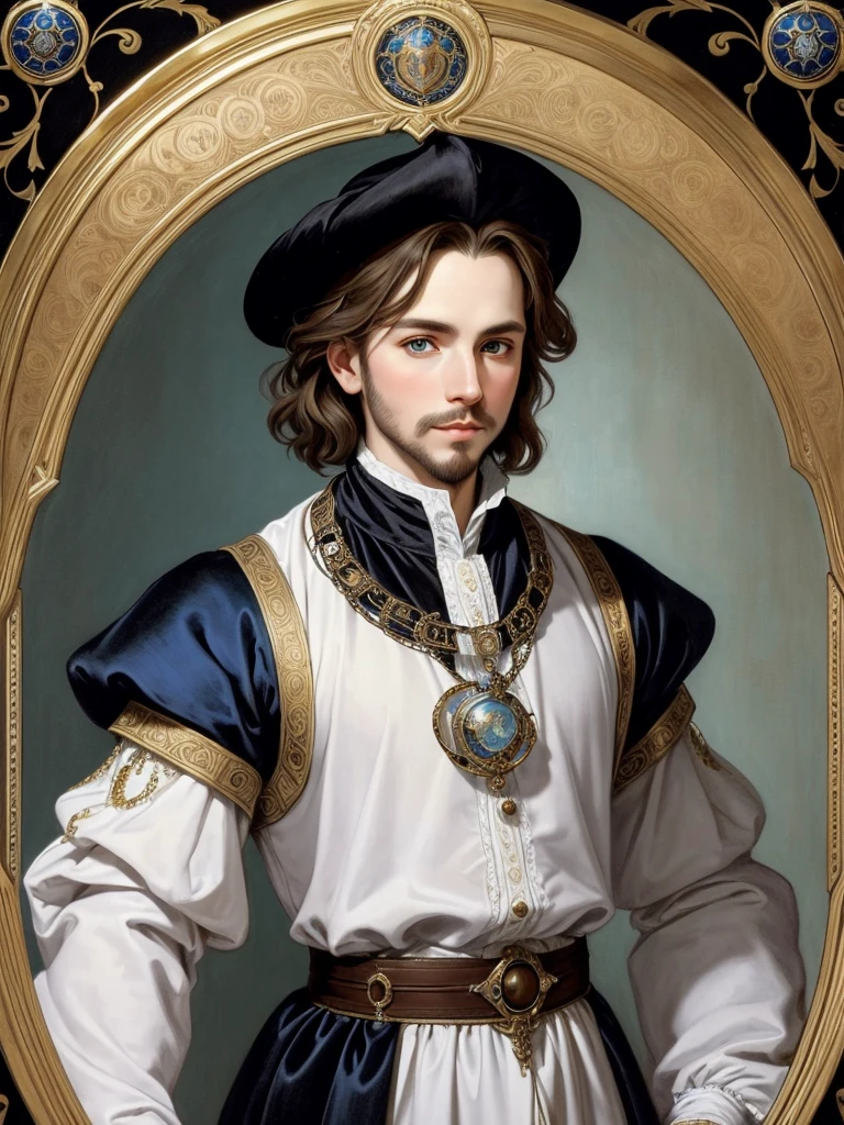Portrait of Christopher Marlowe, white skin, piercing blue eyes, silky golden-brown hair, refined features, charp jawline, clean shaved, black Elizabethan velvet jerkin, white laced shirt, Mucha style, Mucha background, realism, high quality