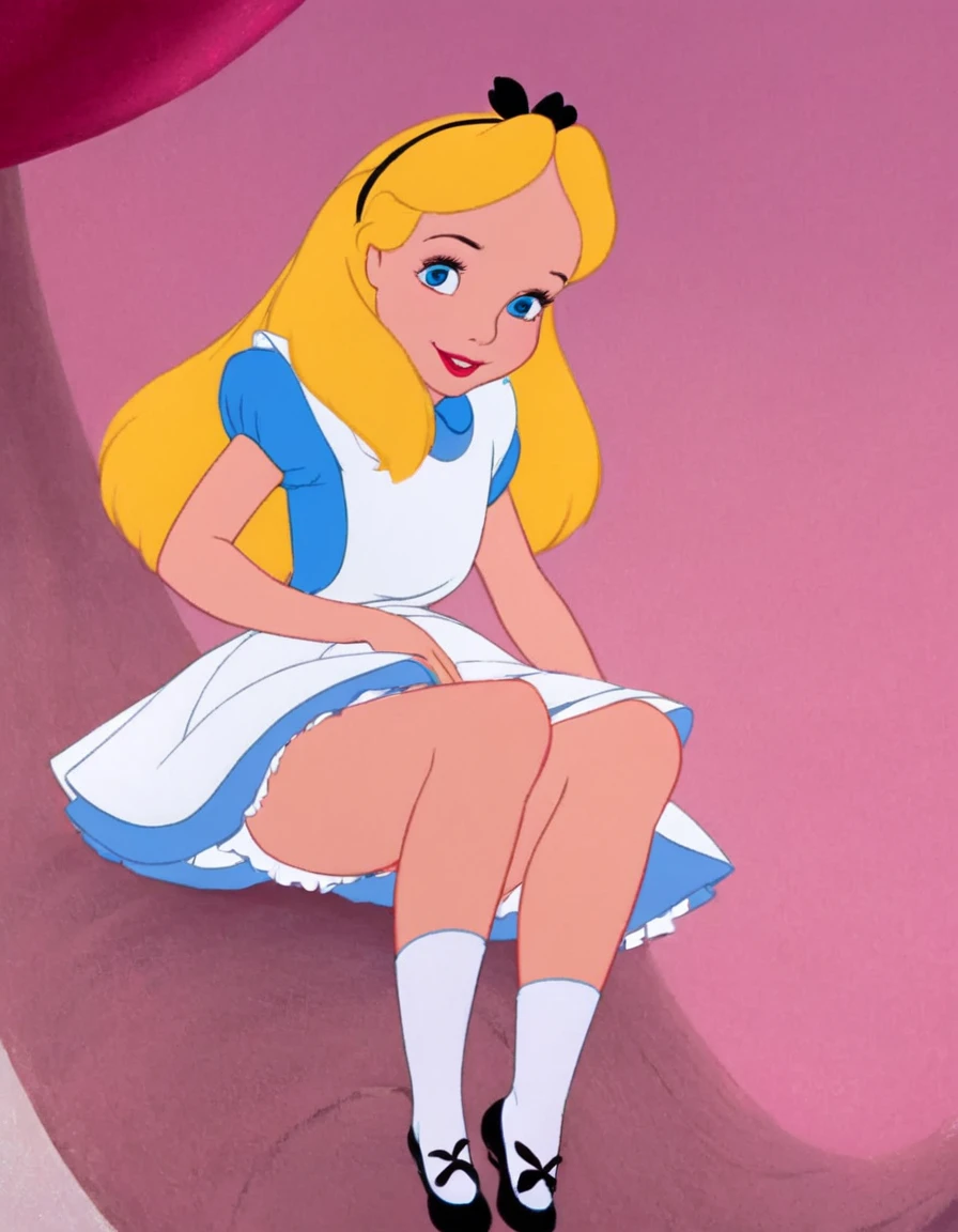 1girl, solo, long hair, blue eyes, blonde hair, alice, disney, masterpiece, best quality, upskirt view, full view, white panties, sitting down, bare legs, smiling, hand lifting skirt