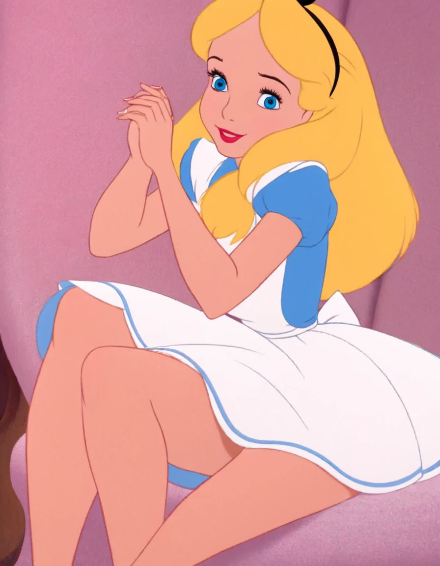  1girl, solo, long hair, blue eyes, blonde hair, alice, disney, masterpiece, best quality, upskirt view, full view, white panties, sitting down, bare legs, smiling, hand lifting skirt