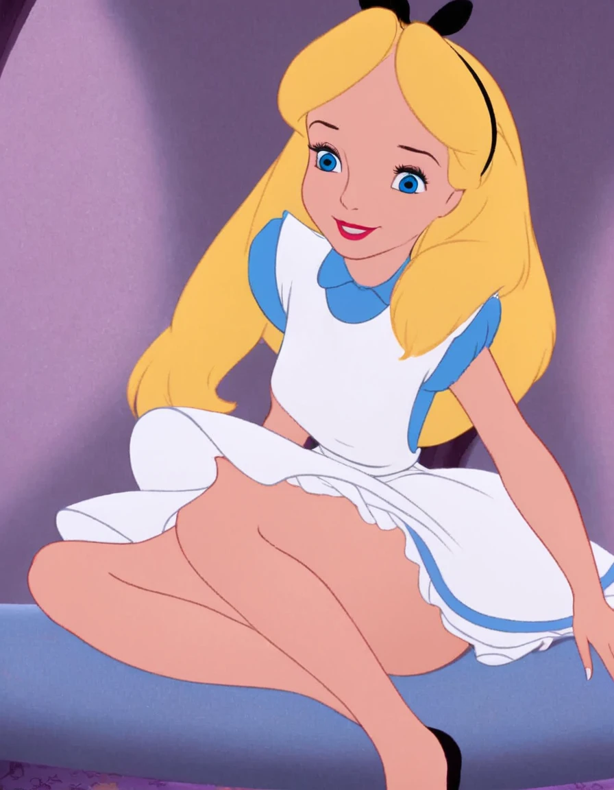 1girl, solo, long hair, blue eyes, blonde hair, alice, disney, masterpiece, best quality, upskirt view, full view, white panties, sitting down, bare legs, smiling, hand lifting skirt