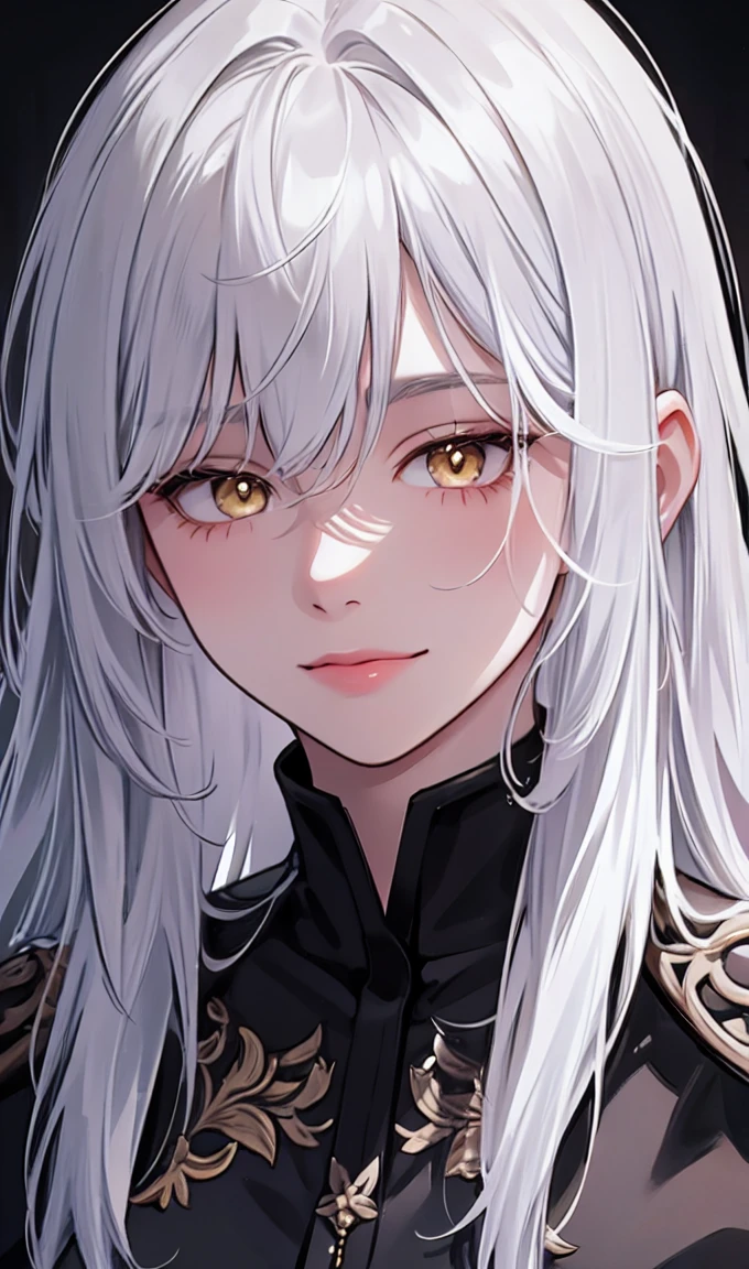 1girl, portrait, solo,lips, female focus, yellow eyes, looking at viewer, white hair, long hair, closed mouth, smile