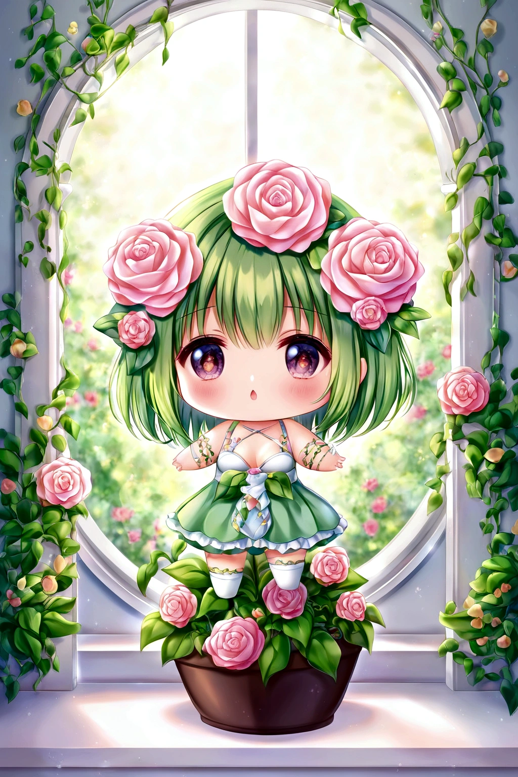 chibi, zombie girl watering plants, Perfect Hands, full body, detailed portrait, beautiful detailed eyes, extremely detailed face, colorful garden, vibrant colors, warm lighting, digital painting, 8k, hyperrealistic, cinematic, intricate details, masterpiece