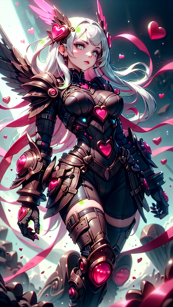 best quality, masterpiece, ultra detailed, detailed, aesthetic, tasty details, valentinetech, scifi, serious, 1girl, (white eyes:1.1), (grey eyes:1.3), white hair, very long hair, parted hair, parted bangs, medium breasts, valkyrie, (bodysuit:1.1), pink wing hair ornament, grey armored skirt, black bodysuit, armor, gauntlets, pink breastplate, greaves, armored dress, pink hues,
