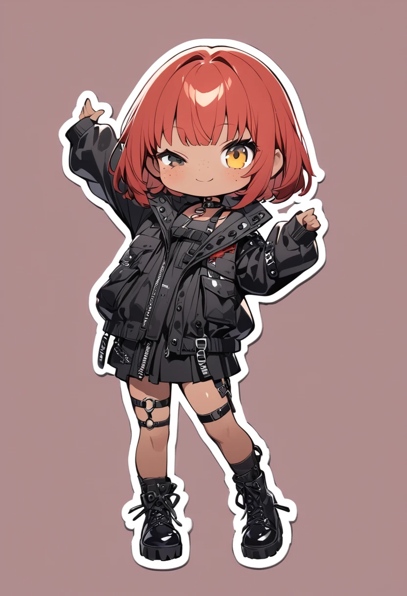 full body,1 girl,(cute:1.3),red Hair, left eye blue, right eye yellow, tan skin, freckles,｛stylish and edgy outfit, techwear, O ring choker, oversized jacket, Glossy, shiny material,chibi emote, chibi character, cute pose
