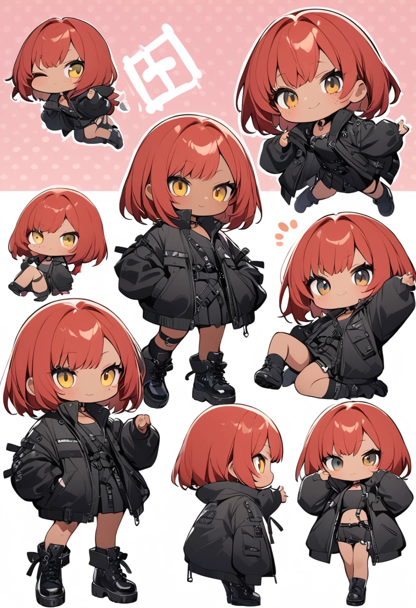 full body,1 girl,(cute:1.3),red Hair, left eye blue, right eye yellow, tan skin, freckles,{stylish and edgy outfit, techwear, O ring choker, oversized jacket, Glossy, shiny material,chibi emote, chibi character, cute pose
