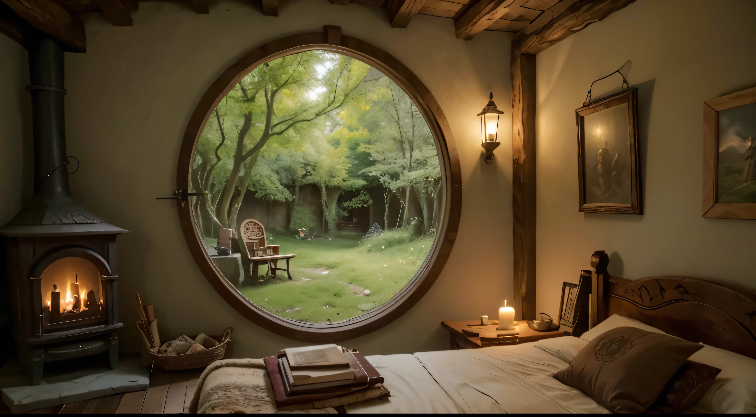 a cozy magic hobbit enivroment, a floor bed, hobbit rounded door, hobbit room, a window, a firepace, a candle, a door, a boofshelf. A Magic the shire enviroment, tow side fireplaces, hobbit theme