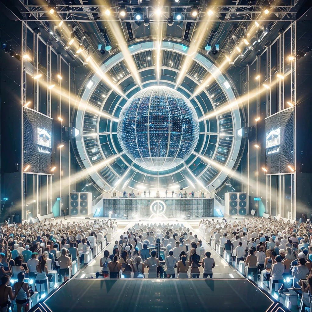 Electro White Party, there is a large crowd of people dressed in white in front of a stage, DJ Set, in a futuristic club, concept illustration, futuristic sport arena, radiating digital illustration, nightclub background, elaborate stage effects, beauty pageant rendering, futuristic salon, epic stunning atmosphere, concept illustration, Clube Noturno Sci-Fi