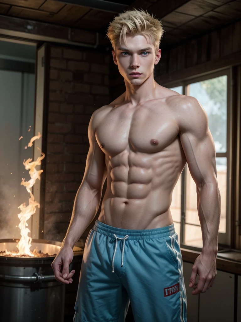 a handsome attractive slender German man, short wavy spiky blond hair, with light blue eyes, muscular torso, wearing a firefighter uniform, background of a burning room