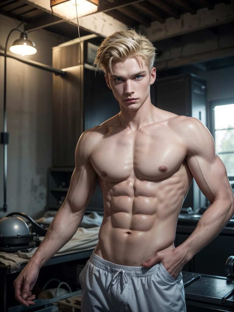 a handsome attractive slender German man, short wavy spiky blond hair, with light blue eyes, muscular torso, wearing a firefighter uniform, background of a burning room