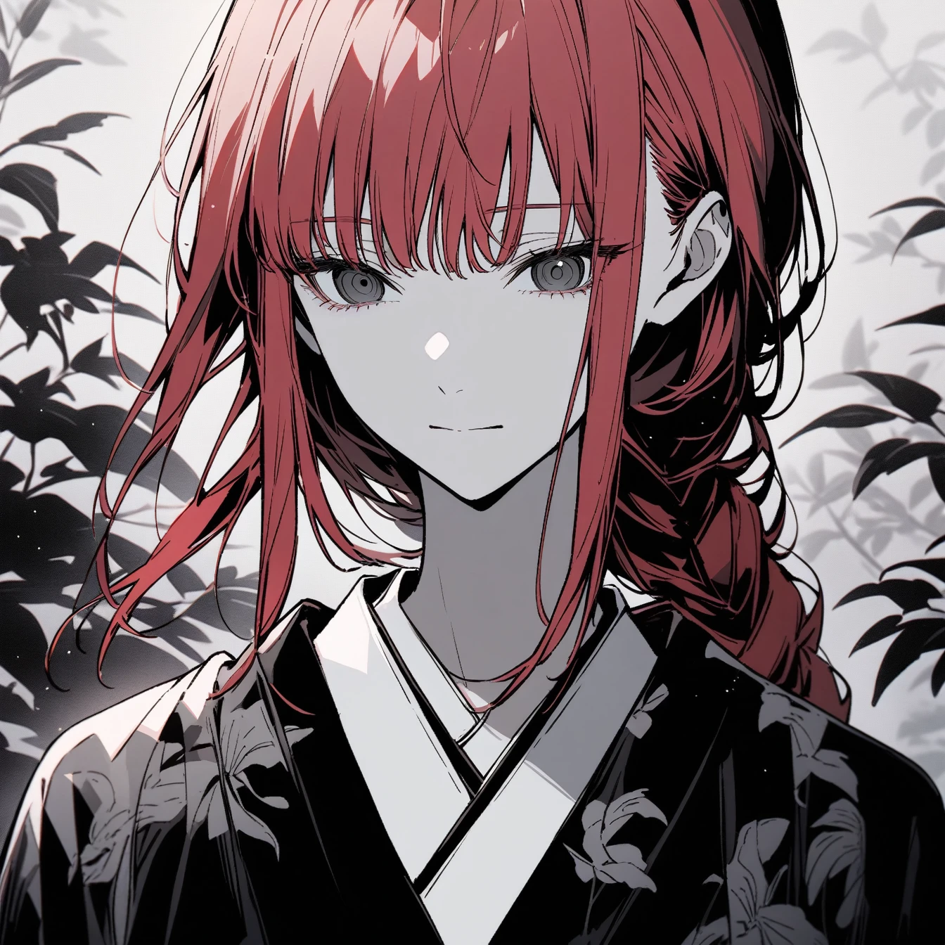 Beautiful anime portrait,Black and gray monochrome,Oriental Wallpaper,Pink,Feeling,Red hair,very anime style,1girl, makima \(chainsaw man\), chainsaw man,Flowers,Close-up,Soft Light,Rich in details,The expression is firm,Kimono decoration,Background blur,Vivid colors,情Feeling深沉,front,Black eyes
