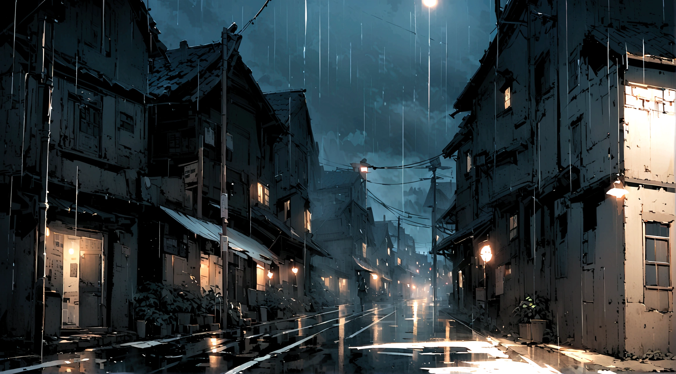 ((Black and white)),Highways at night,heavy rain,Empty town,Empty road
