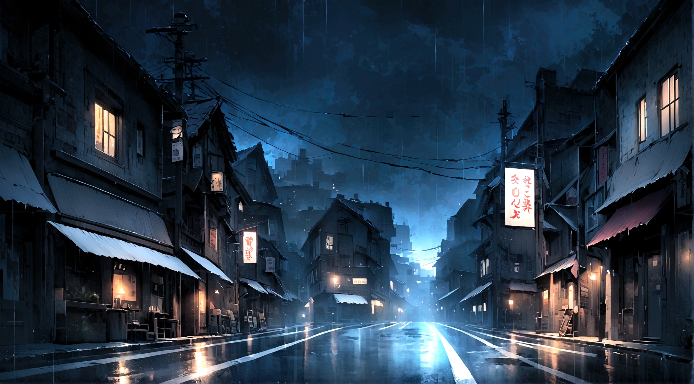((Black and white))，Highways at night，heavy rain，Empty town，Empty road