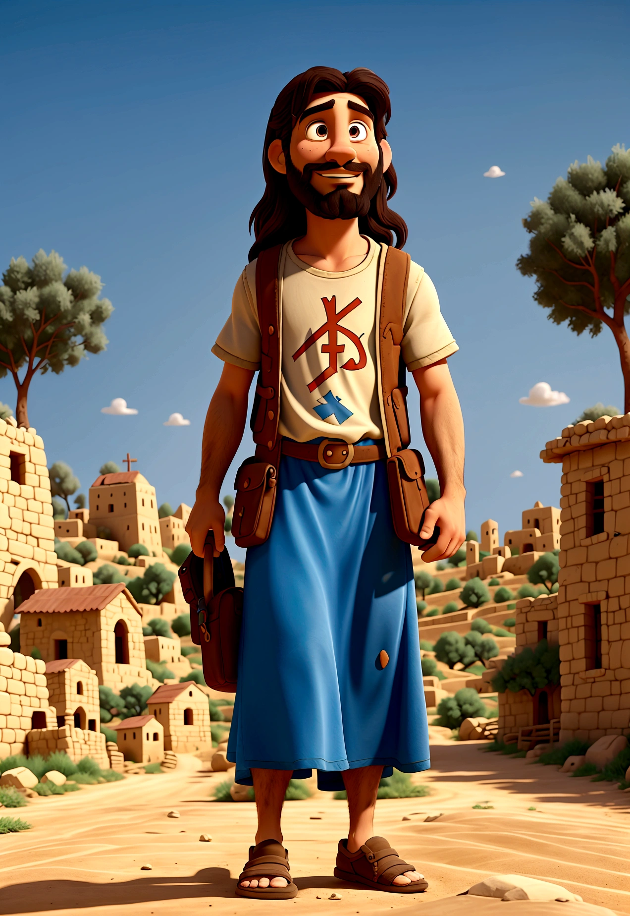illustrations of Jesus at the age of 33 approaching his disciples, a village a few kilometers from Jerusalem along the dusty road, photography, 8k, pixar style, Disney style, high quality