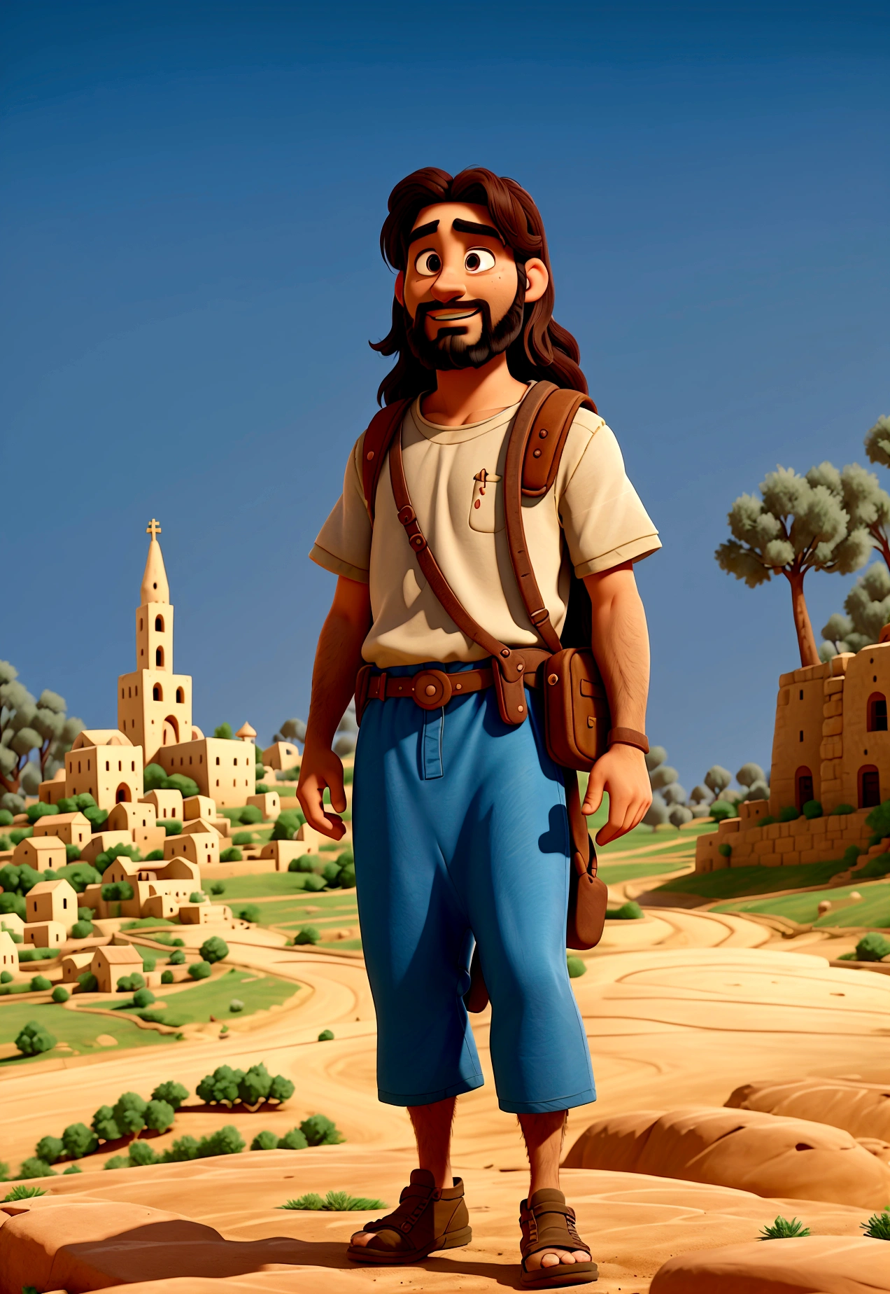 illustrations of Jesus at the age of 33 approaching his disciples, a village a few kilometers from Jerusalem along the dusty road, photography, 8k, pixar style, Disney style, high quality