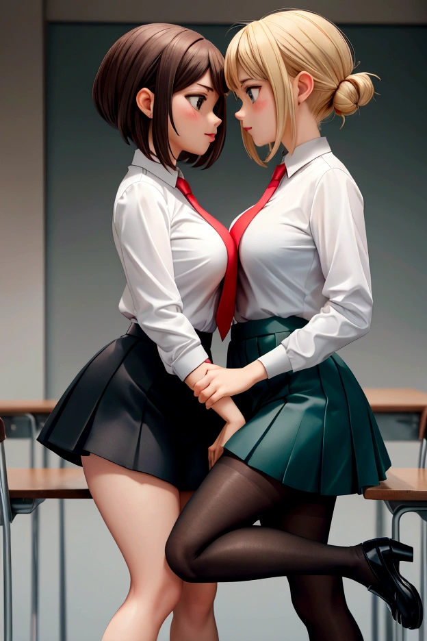 Two women. Women kissing on the mouth. Ochako Uraraka, gray tailored suit, A white blouse, Red tie, medium breasts, short green skirt, black pantyhose, nice legs, black shoes. Himiko Toga, pale yellow v neck sweater, A white blouse, Red tie, big breasts, short blue skirt, nice legs, white socks, black shoes, Classroom