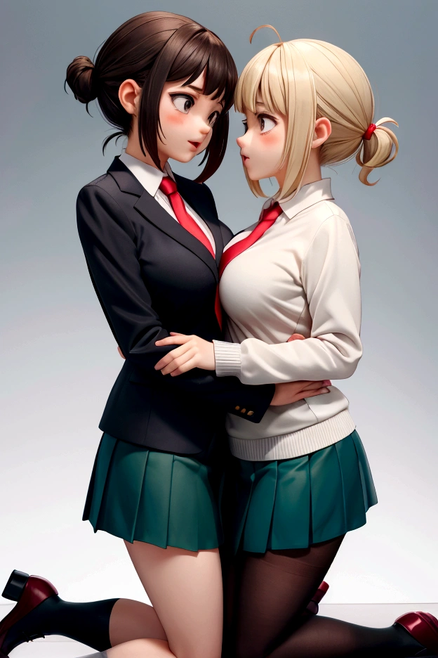 Two women. Women kissing on the mouth. Ochako Uraraka, gray tailored suit, A white blouse, Red tie, medium breasts, short green skirt, black pantyhose, nice legs, black shoes. Himiko Toga, pale yellow v neck sweater, A white blouse, Red tie, big breasts, short blue skirt, nice legs, white socks, black shoes, Classroom