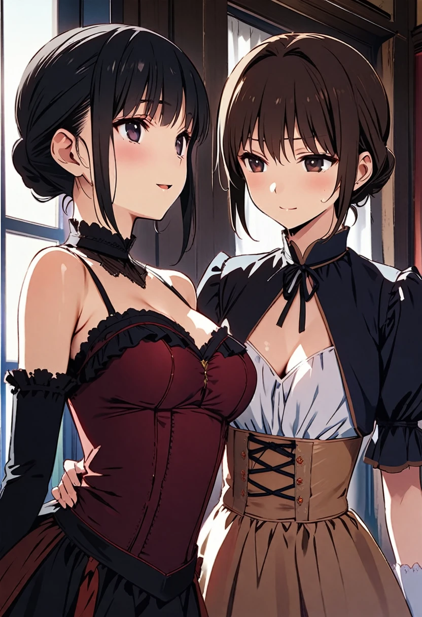 Masterpiece, of the highest quality, illustration from the novel., high resolution, young woman, beautiful body, slim, semi developed chest, dressed in victorian dress, Red and black colored dress, black hair, wide, straight, brown and black eyes, friendly and cute face ((Upper part of the body:1.3))