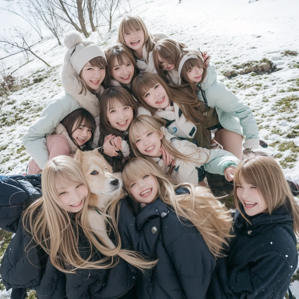 Tall age girl with silky shiny hair, blonde with bangs and blue-green eyes taking a photo with three dark-haired brunette girls with bangs smiling in the snow and a dog behind them