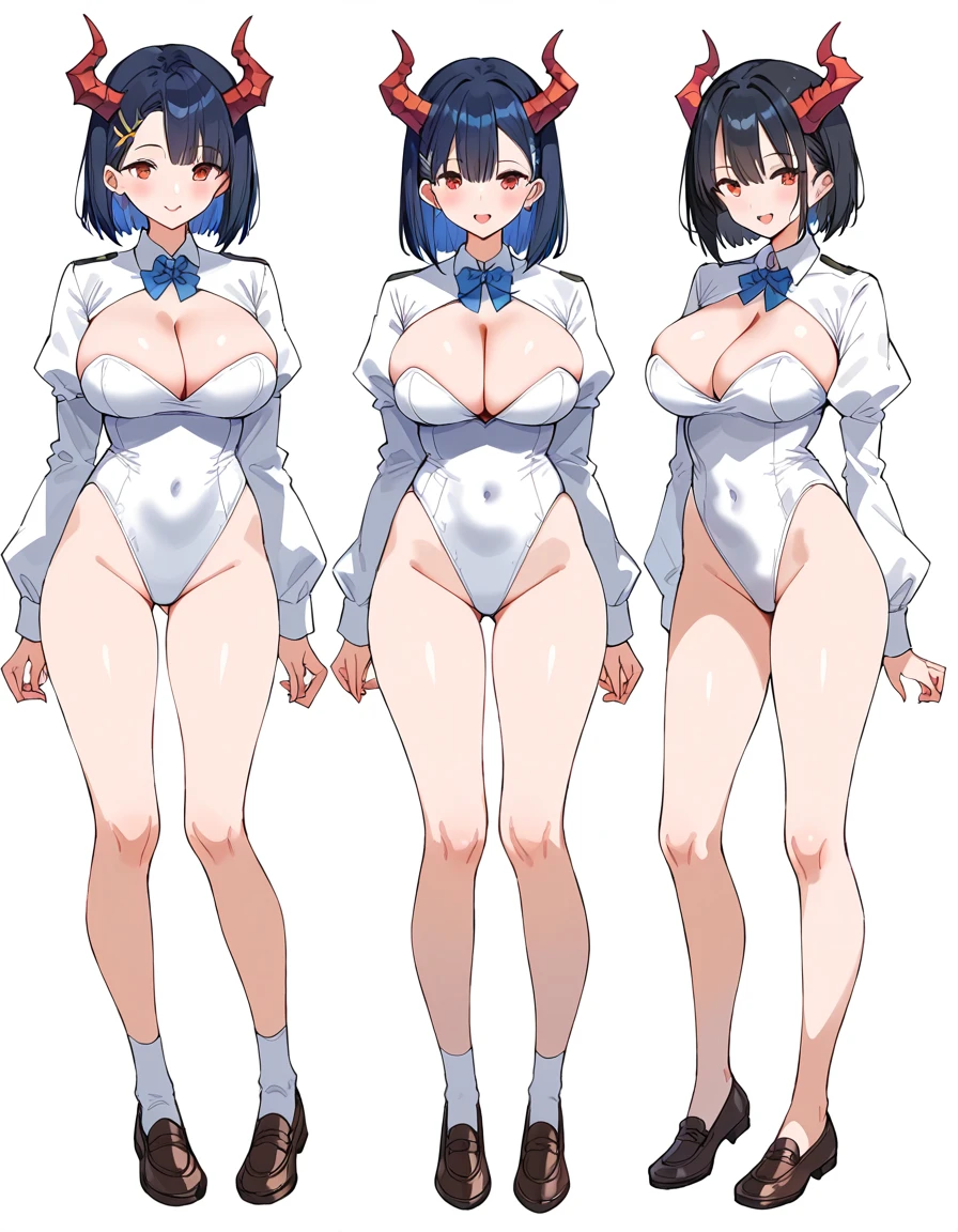 3 girls, variety of hairstyles, ((white background)), full body, multiple views, dragon horn, white outfit, thong, shrug, leotard, cleavage, short tie, school,