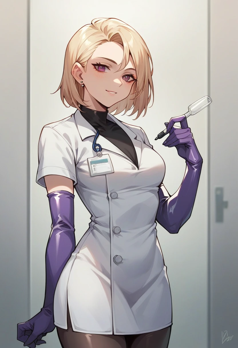 1girl, light hair, ((purple elbow gloves)), ((surgical gloves)), ((latex gloves)), ((long sleeves)) ((white surgeon outfit)), looking at viewer, ((doctor)), standing, solo