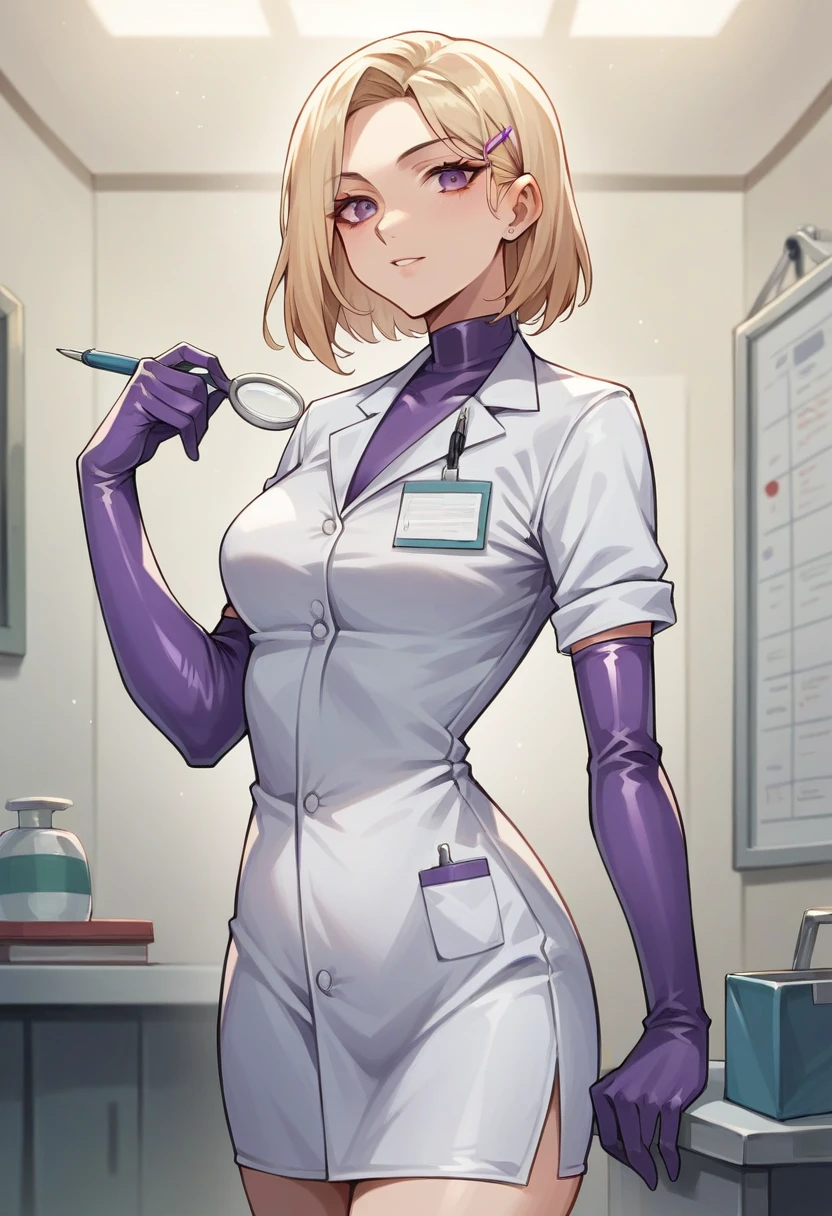 1girl, light hair, ((purple elbow gloves)), ((surgical gloves)), ((latex gloves)), ((long sleeves)) ((white surgeon outfit)), looking at viewer, ((doctor)), standing, solo