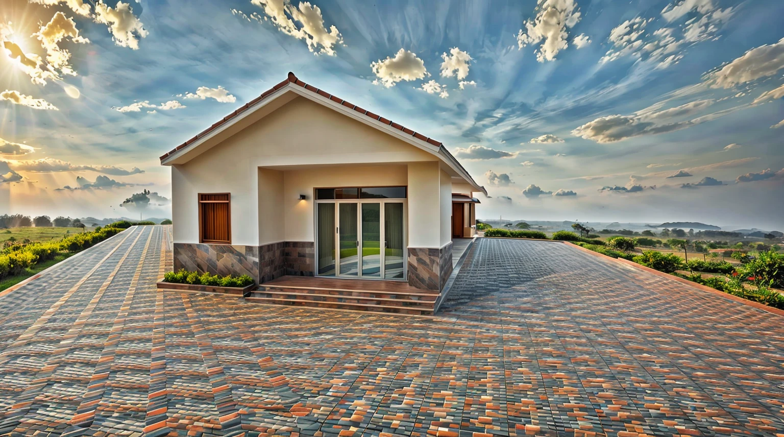 Neoclassical style bungalow design, daylight, sharp image, 1.2 faux tile roof, luxurious, simple