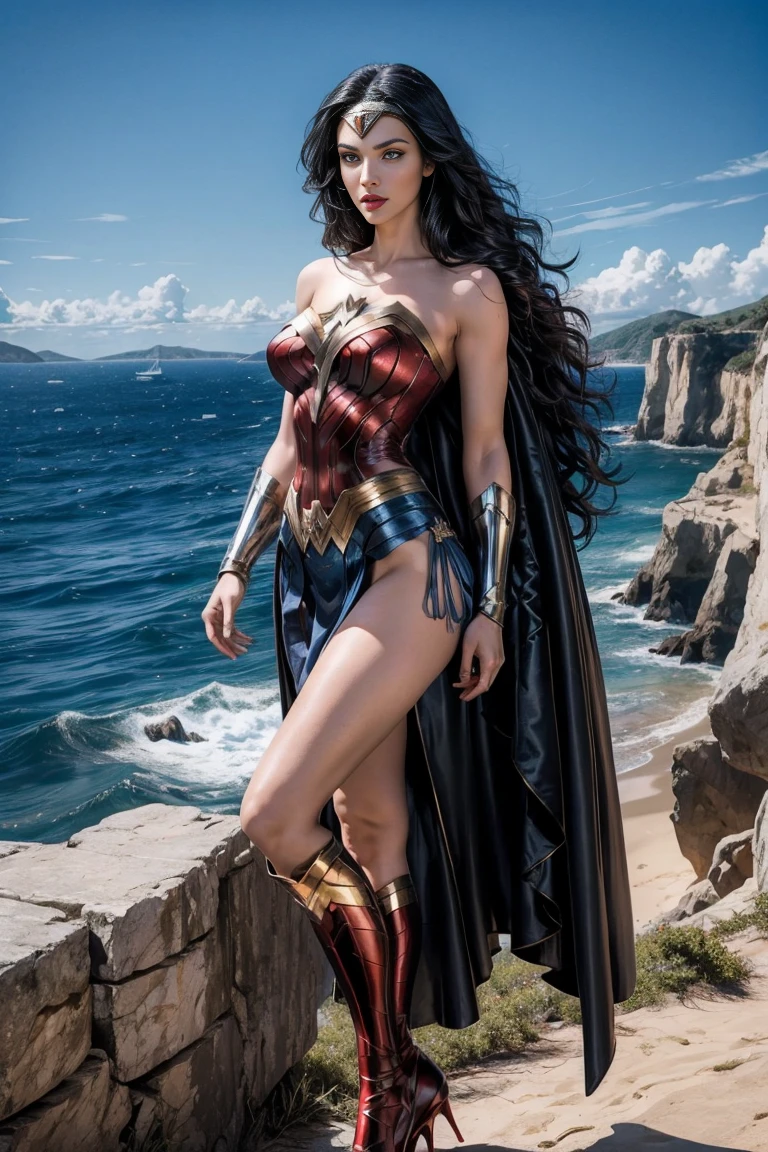 full body beautiful sexy sensual nun superheroine Wonder Woman black long hair, enchanting big blue eyes, white skin, red lips, slim muscular aristocratic body, long thighs, thin waist, standing on top of a cliff and looking into the distance