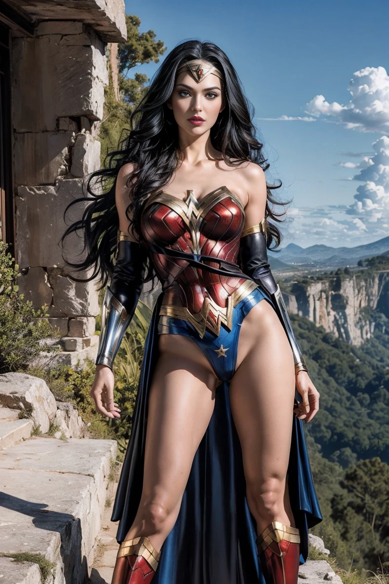 full body beautiful sexy sensual nun superheroine Wonder Woman black long hair, enchanting big blue eyes, white skin, red lips, slim muscular aristocratic body, long thighs, thin waist, standing on top of a cliff and looking into the distance