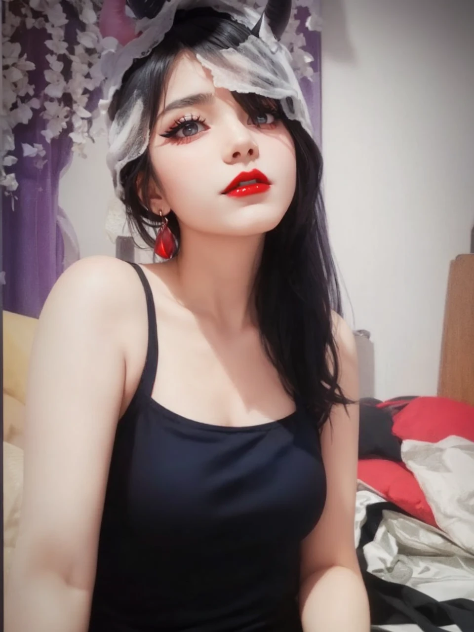 A girl wearing black tanktop, devil horn on her head, red pupil, red lips, black hair with partially white